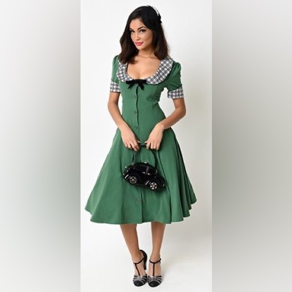Tatyana Claire Green Plaid Lined Pin Up Dress Size Medium - Picture 1 of 11